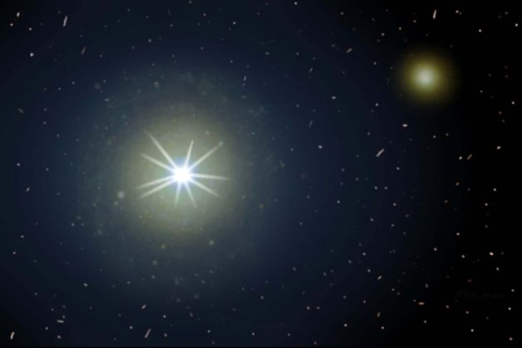 An artist's impression shows a quasar outshining its host galaxy.
