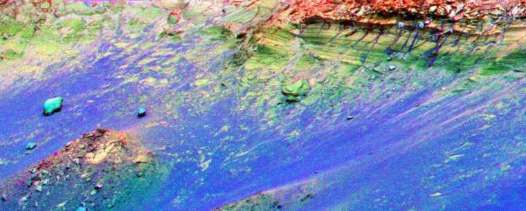 This false-color image of the inside of Endurance Crater was taken by Opportunity's Miniature Thermal Emission Spectrometer. The Mini-TES can discriminate between different rock compositions. The image shows the crater's floor covered in basalt rock (in blue), with the rock outcropping at upper right shown in contrasting colors.