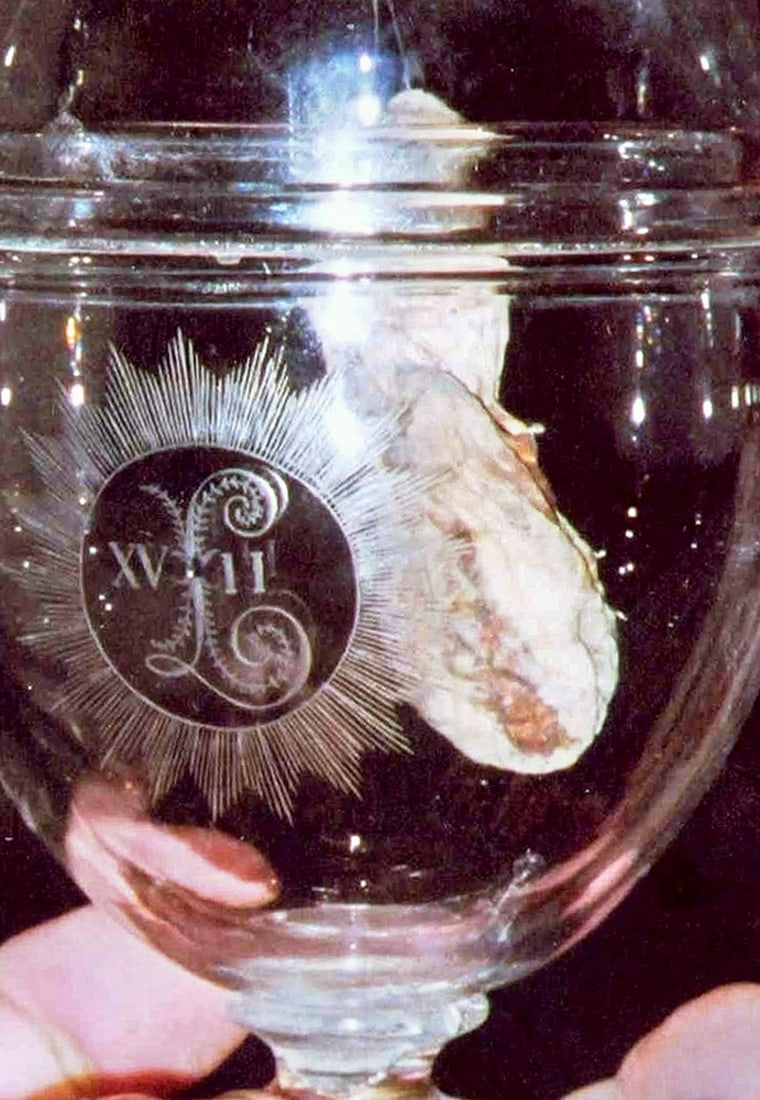 What is believed to be the heart of Louis XVII, the 10-year-old heir to France's throne who died in the Paris fortified Temple prison on June 8, 1795, is seen in a carved jar in this photo released by French historian Philippe Delorme, Wednesday, June 2, 2004. The heart, that was cut from Louis XVII's body following a tradition of keeping royal hearts separate from their bodies, will be placed next June 8 in France's royal crypt of the Saint-Denis basilica, north of Paris, now that genetic tests have satisfied historians and the government that the tiny petrified heart passed down through the centuries is almost certainly the real thing. (AP Photo/Philippe Delorme)
