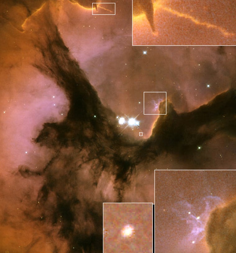 Several details within the Trifid Nebula are enlarged in this montage of imagery from the Hubble Space Telescope. At top is a jet of material that appears to contain a newborn star. At the bottom is a view of an elliptical shape that may be a protoplanetary disc, as well as a gathering of hot O-stars. Click on the image for larger versions from the Space Telescope Science Institute.