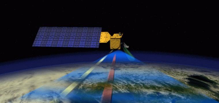 An artist's conception shows the Aura satellite in action, scanning the atmosphere with its instruments.