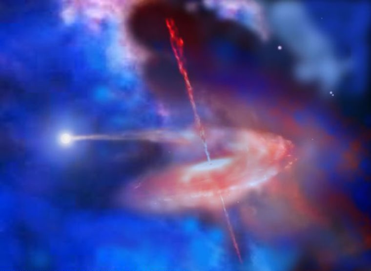 An artist's impression shows an intermediate-mass black hole lighting a nebula that is 100 light-years wide in the dwarf irregular galaxy Holmberg II. With a mass 25 to 40 times that of the sun, this black hole may be a remnant from the first generation of stars in the universe.