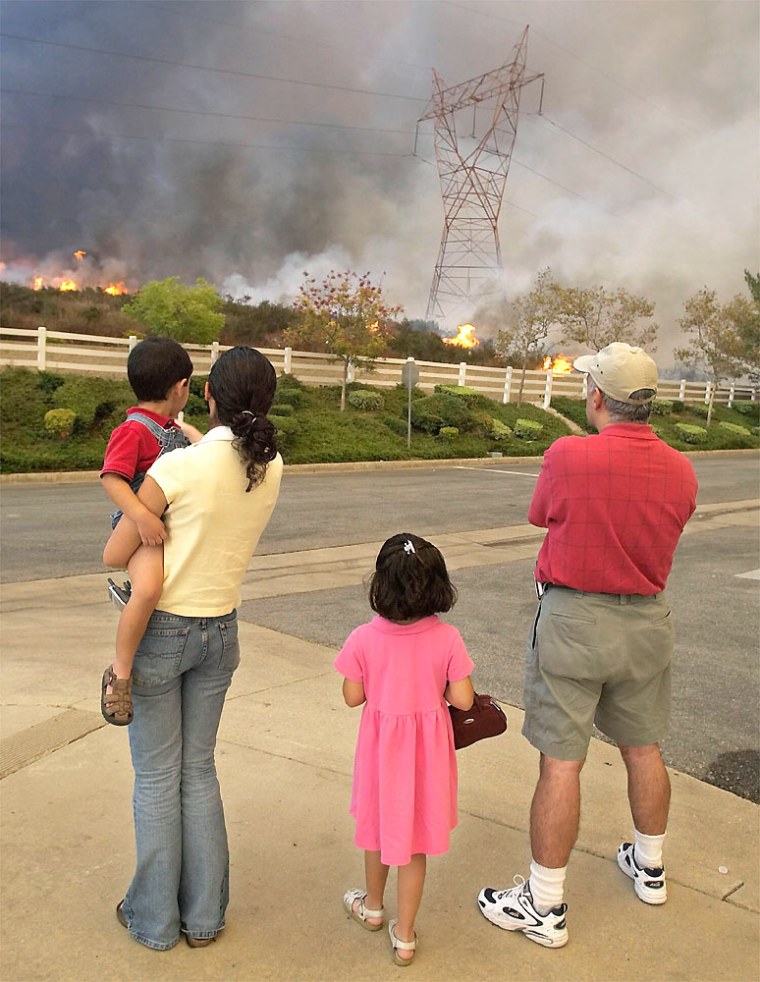 FAMILY WATCHES FLAMES APPROACH THEIR HOSUING COMPLEX AT RANCHO CUCAMONGA