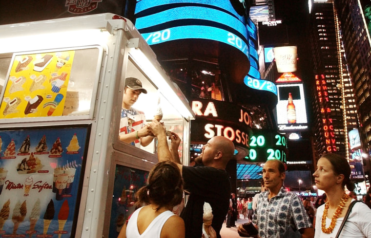 A Mister Softee truck sells ice cream in Times Square, New York, last August following the blackout that left millions of people without electricity.