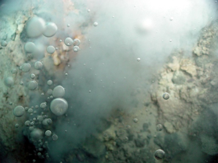 Bubbles of liquid carbon dioxide rise from the seafloor at the Champagne vent on Northwest Eifuku volcano in the western Pacific. CO2 exists in its liquid form due to the high pressure.
