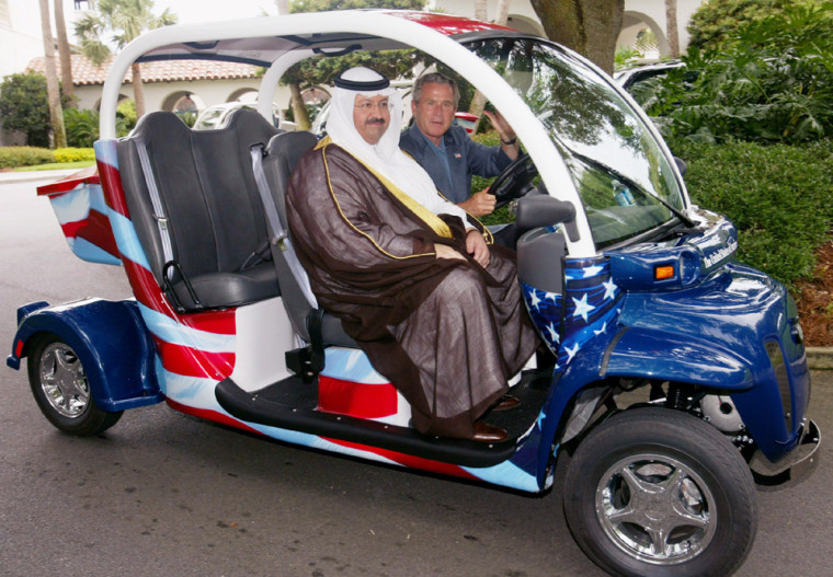 US PRESIDENT BUSH DRIVES IRAQI PRESIDENT GHAZI AL-YAWAR IN ELECTRIC CAR AT G8 SUMMIT