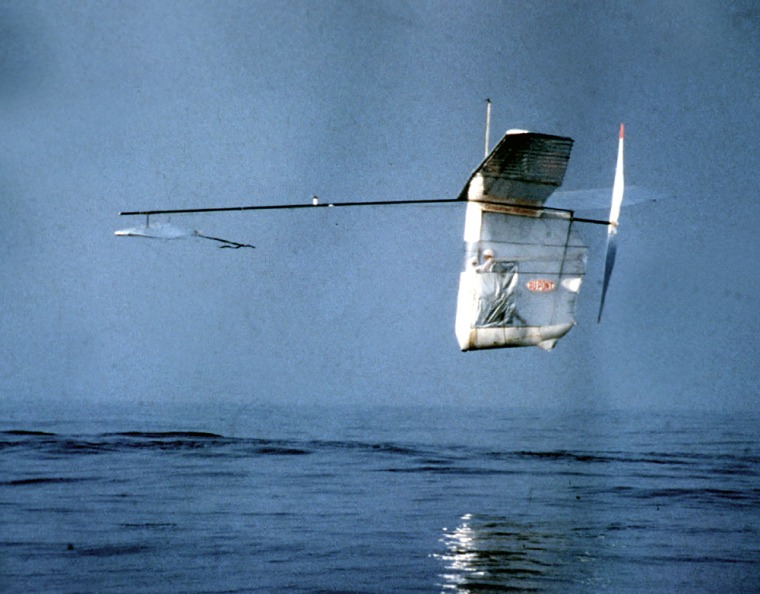 Gossamer Albatross is pedaled by American Bryan Allen over the English Channel on June 12, 1979.  The first man-powered flight across the channel from England to France took two hours and fifty minutes.  (AP Photo/Peter Kemp)