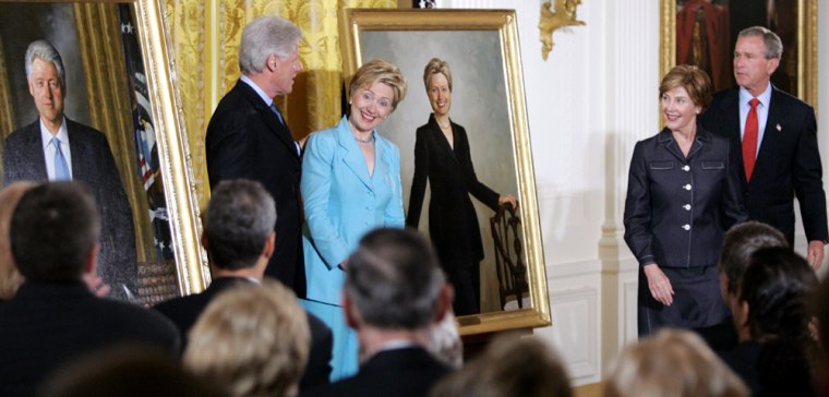 FORMER PRESIDENT CLINTON POSES WITH PORTRAIT TO HANG IN WHITE HOUSE