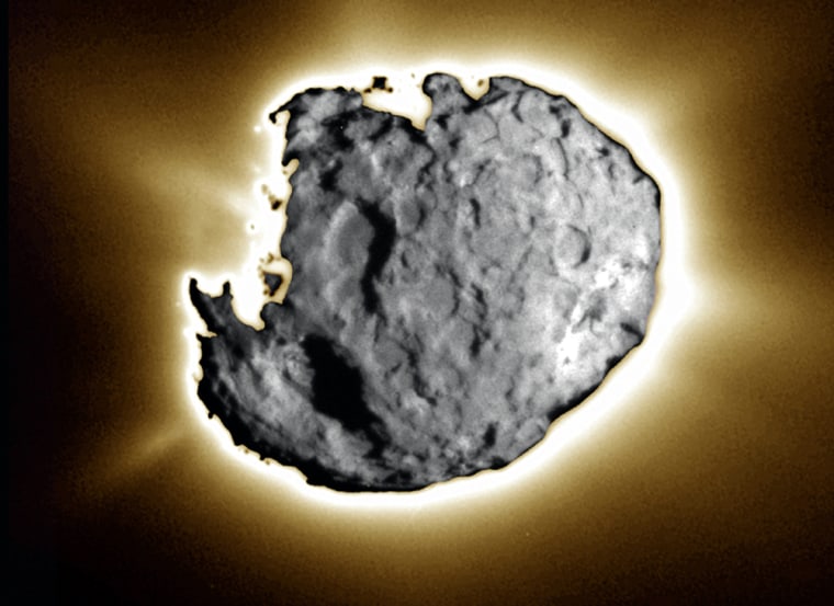 This composite image was taken by the Stardust probe's navigation camera during its encounter with Comet Wild 2 in January. Several large depressed regions and jets of dust and gas can be seen. Comet Wild 2 is about 3.1 miles (5 kilometers in diameter.