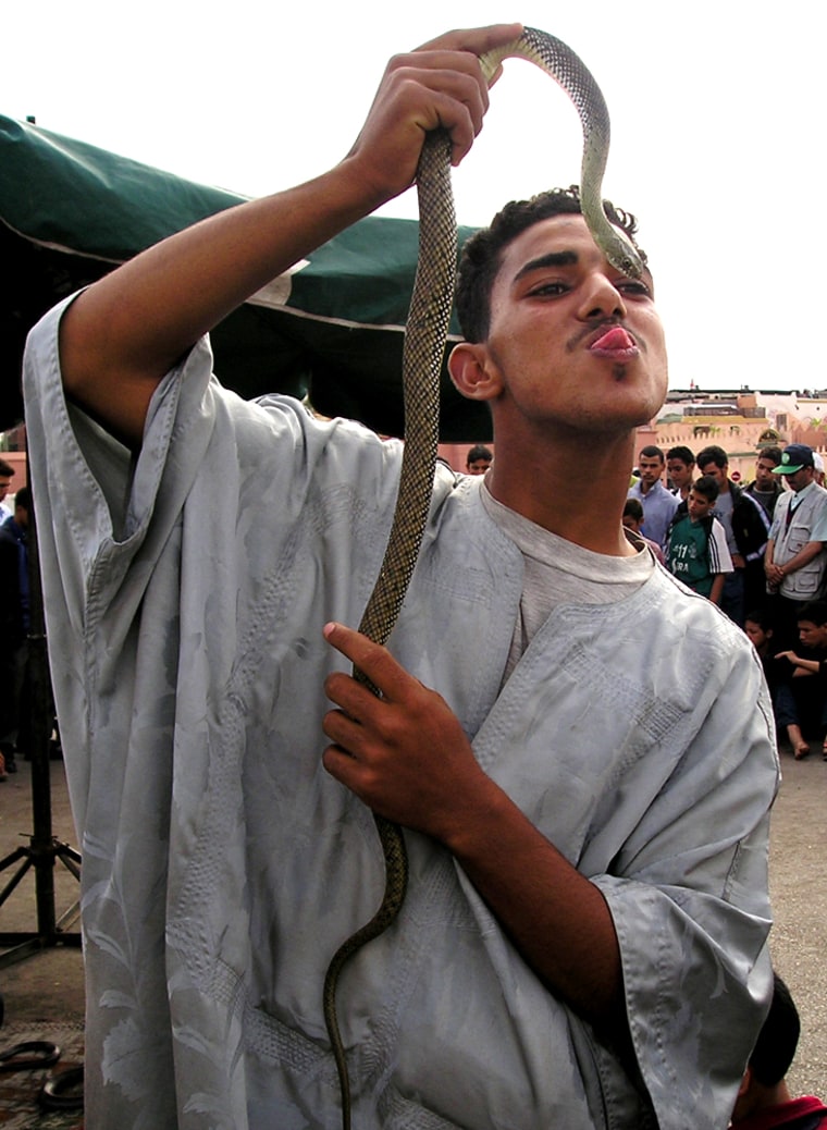 A snake charmer is seen in Djemaa el-Fna, in Marrakech, Morocco.