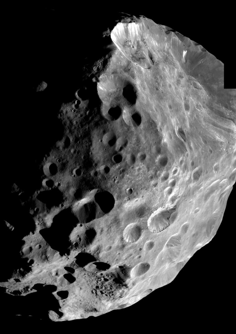 Cassini’s spectrometer picked up signs of water-bearing minerals, carbon dioxide and organic material on Phoebe’s heavily cratered surface.