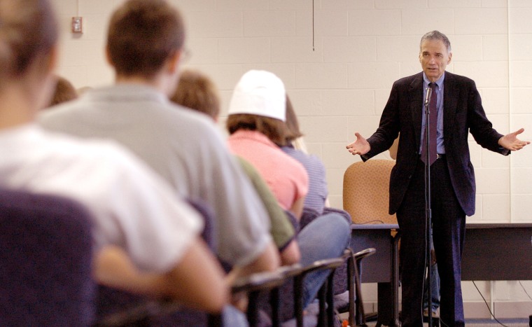 Independent presidential candidate Ralph Nader speaks during a campaign stop at the Canton Town Library in Canton, Conn., in May. 