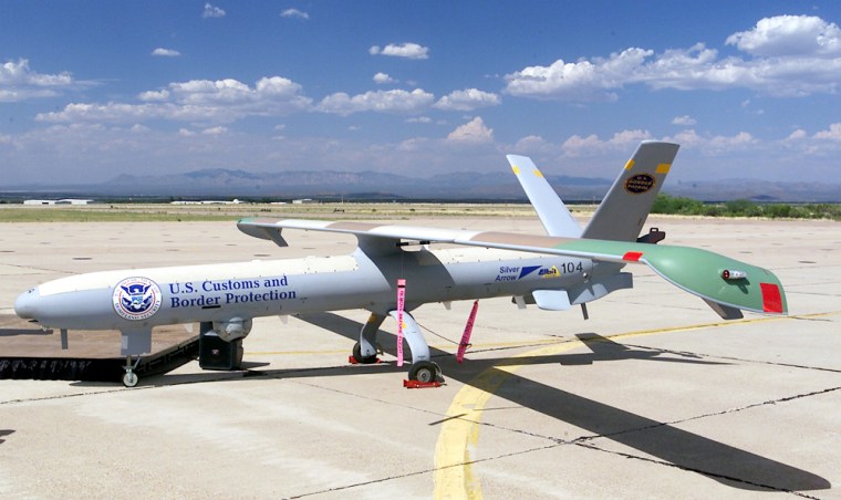 A U.S. Border Patrol unmanned aerial vehicle, or UAV, sits on the tarmac at Fort Huachuca, Ariz., on Friday.