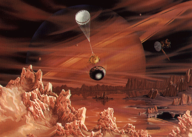 An artist's conception shows the Huygens probe dropping toward the surface of Titan, Saturn's largest and most mysterious moon. In the background, the artwork shows the Cassini orbiter and Saturn itself.