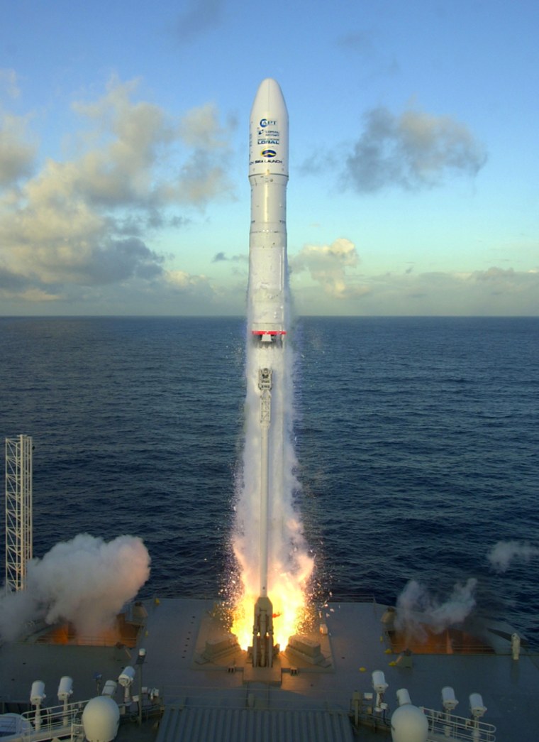 A rocket carrying the Telstar-18 communications satellite blasts off from its Pacific launch platform Tuesday. Sea Launch says the satellite didn't reach its proper orbit but can be pushed into the right place.