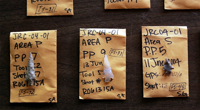 Catalogued arrow heads lie on a table in the archeaology lab Wednesday, June 30, 2004, in the Range Creek area southeast of East Carbon City, Utah.(AP Photo/Douglas C. Pizac)