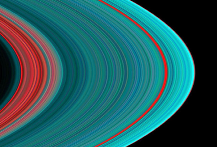 A color-enhanced ultraviolet image captured by Cassini shows Saturn's A ring. The A ring begins with a "dirty" interior of red, followed by a general pattern of more turquoise as it spreads away from the planet. The blue colors indicate denser material made up of ice. The red band three-fourths of the way outward is known as the Encke Gap. 