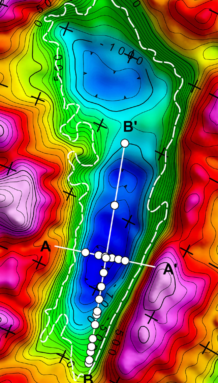 An image of the contours of the bed of Lake Vostok from data obtained by gravity measurements.