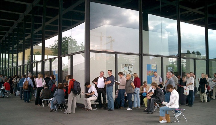 Line outside of the Neue Nationalgalerie in Berlin waiting to see the "Museum of Modern Art in Berlin" exhibit. 