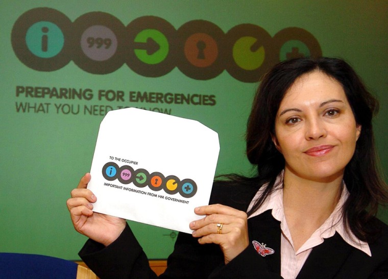 In London, British Home Office Minister Caroline Flint holds an envelope containing a 22-page booklet containing advice on how to deal with a large-scale terrorist attack or other disasters. The book, already maligned by some Britons, will be delivered to every home in England, Scotland, Wales and Northern Ireland. 