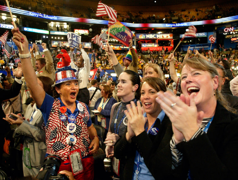 Delegates celebrate as Kerry receives votes to put him over the top to clinch nomination