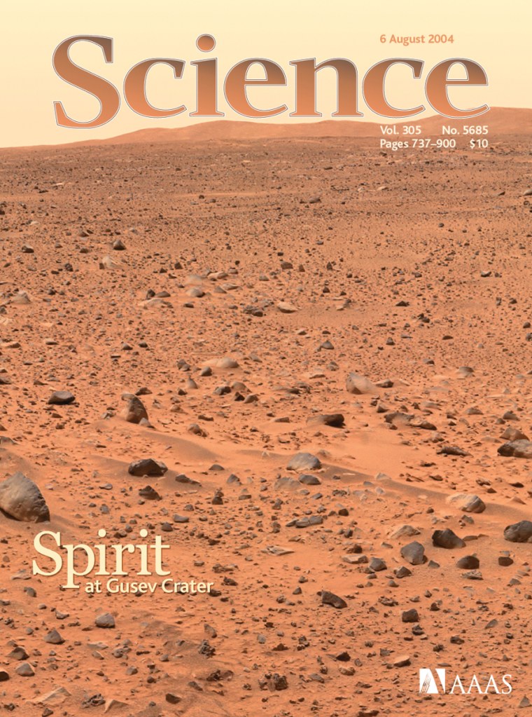 The cover of the journal Science features a portion of the "Mission Success" panorama acquired by the Spirit rover on Jan. 8. The view is to the east; the Columbia Hills in the distance are about 1.5 miles (2.5 kilometers) away and rise 325 to 650 feet (100 to 200 meters) in height.