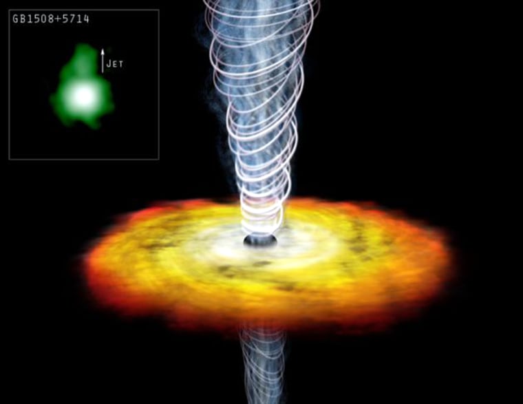 An artist's impression shows a jet of high-energy particles shooting out of the polar region of a supermassive black hole that anchors a distant galaxy. Research based on observations from the Chandra X-ray Observatory resulted in the greenish view of a black hole's surroundings, shown in the inset at the upper left corner of the illustration.