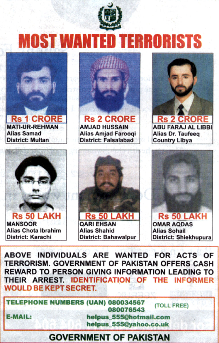 Pakistani government poster of most wanted terrorists