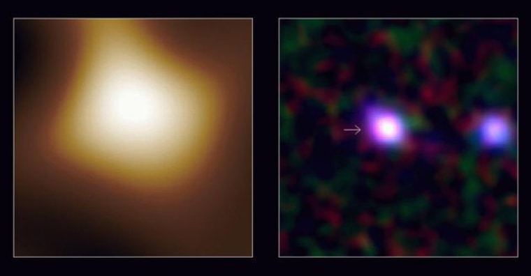 The fuzzy image at left is from the Submillimeter Common User Bolometer Array, or SCUBA camera. NASA's Spitzer Space Telescope provided the corresponding view at right. The galaxy emitting the radiation detected by SCUBA is shown with an arrow. Astronomers believe the radiation is generated in violent starbursts.