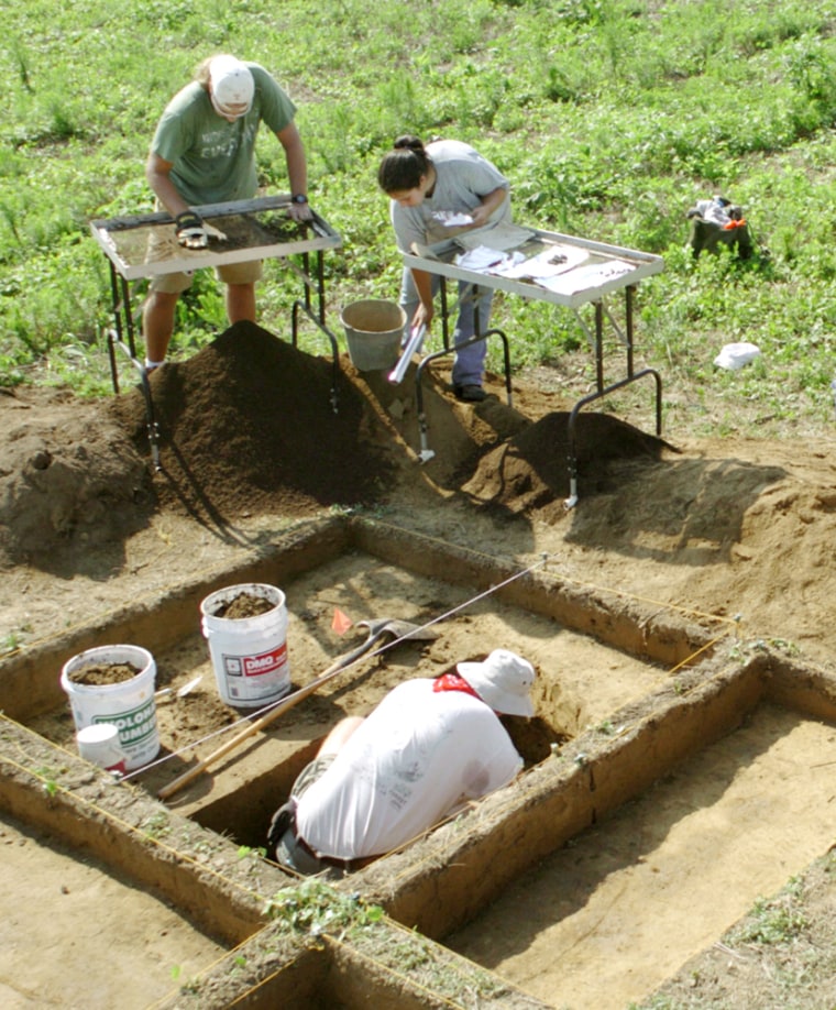 An archaeological team from Southern Illinois University works in one of the rectangular holes dug into a grassy field along the Ohio River.
