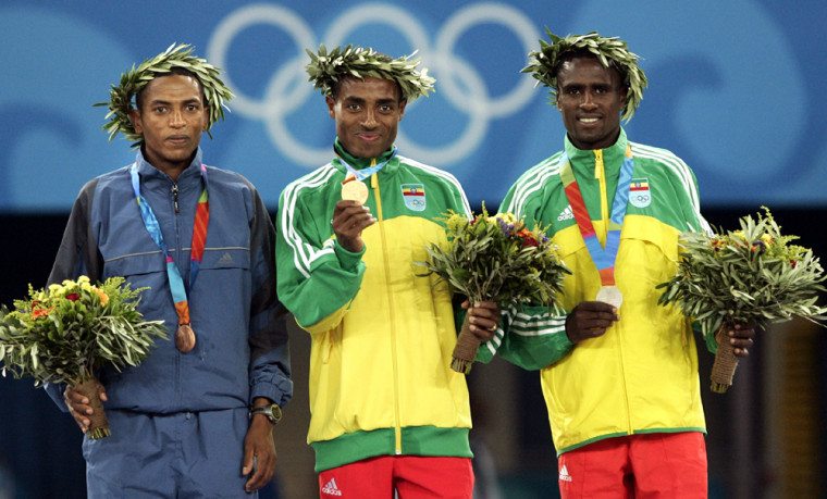 Winners podium of the men's 10,000 metres at the Athens 2004 Olympic Games