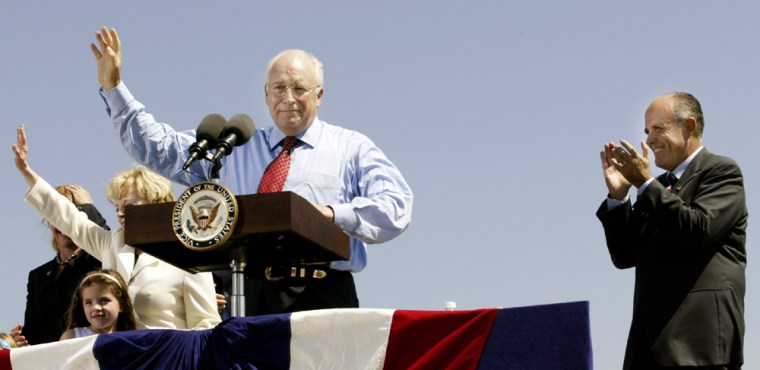 Vice President Dick Cheney and former New York Mayor Giuliani at rally on Ellis Island before convention