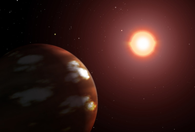 In this artist's conception, a newly discovered planet the size of Neptune orbits the cool, reddish M-dwarf star Gliese 436.