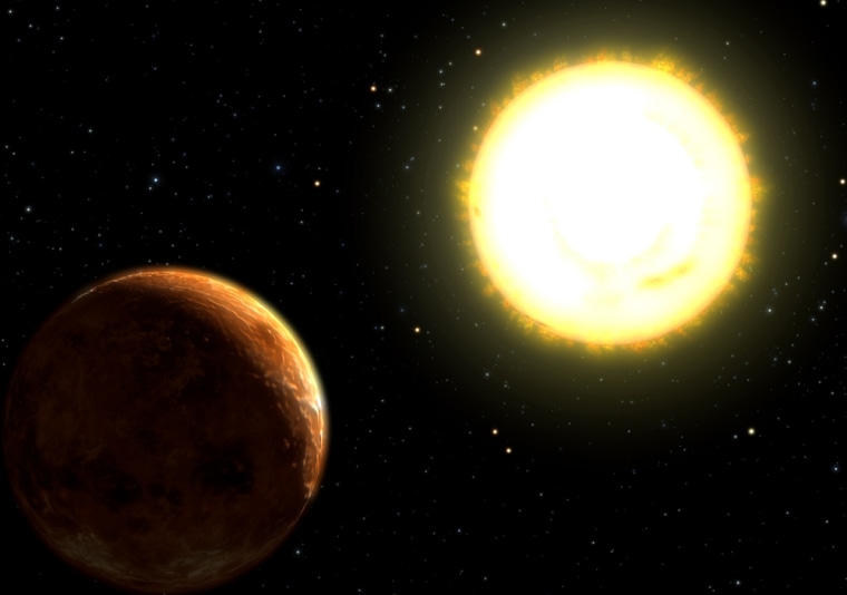 In this artist's conception, another Neptune-sized planet orbits the yellow, Sun-like star 55 Cancri. Astronomers have already discovered three other planets around this star, all lying further out.