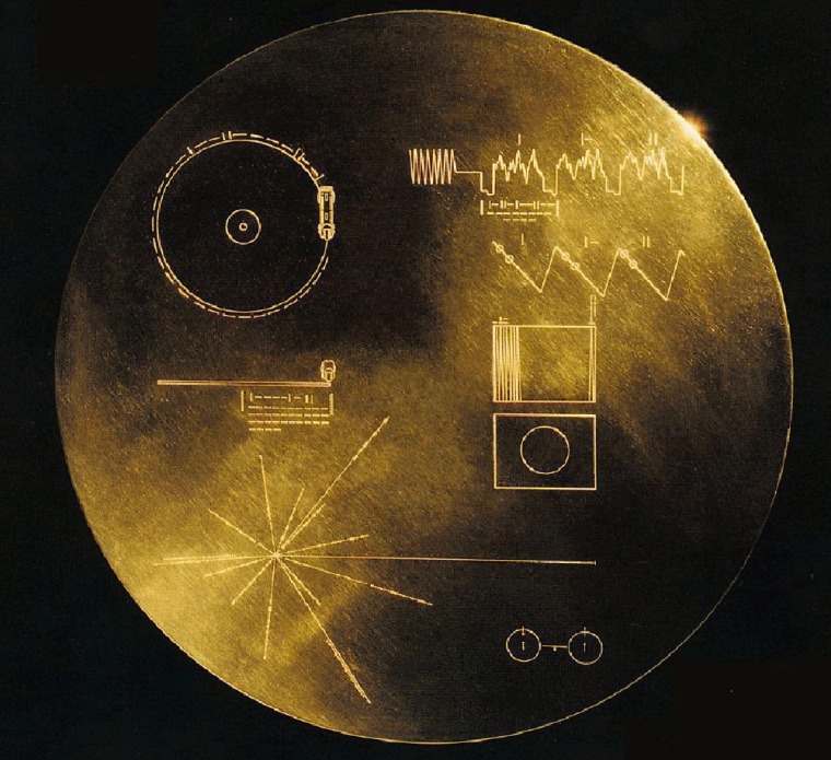 NASA's "golden record" was mounted on both Voyager interstellar probes before they were launched in 1977. The cover, shown here, was inscribed with pictographic instructions for deciphering the record inside. The record contained photos as well as sounds from Earth.
