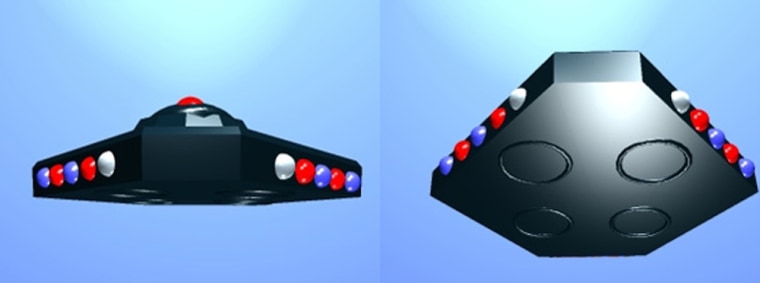 An eyewitness in Port Washington, Wis., described a large  object that flew over her home at an altitude of 500 feet in October 1998. The witness’s husband is a graphics artist, so this graphic reconstruction from the pair shows a football field-sized, wedge-shaped object with flashing red, blue and white “disco lights.”