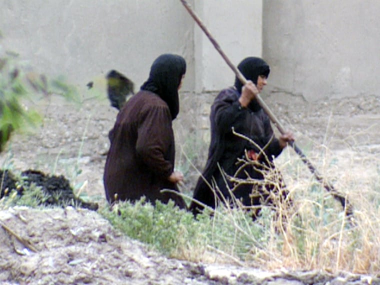 Iraqi women gather dried sewage at the Rustamiya plant for use as fertilizer.