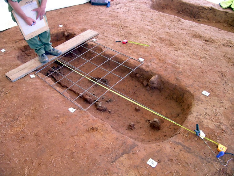 ** EMBARGOED UNTIL 8:01 P.M. EDT ** A Viking grave is seen in this undated photo made available Monday, Sept. 6, 2004, by the British Department of Culture, Media and Sport. Archaeologists in northwestern England have found a burial site of six Viking men and women, complete with swords, spears, jewelry, fire-making materials and riding equipment, officials said Monday. The site, discovered near Cumwhitton, is believed to date to the early 10th century, and archaeologists working there called it the first Viking burial ground found in Britain. (AP Photo/Department of Culture, Media and Sport)