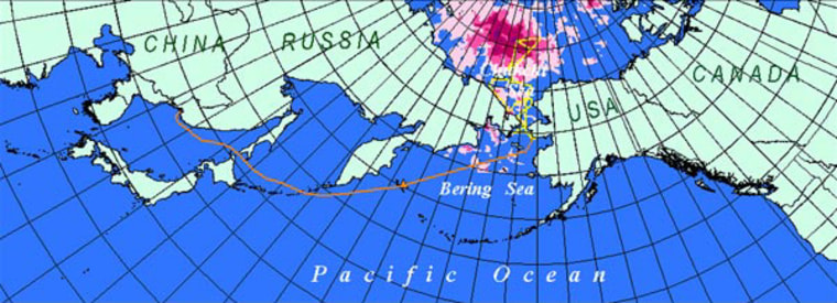 This map traces the voyage of the Professor Khromov, a Russian research vessel engaged in a U.S.-Russian Arctic climate research project, as a thin orange line. The pink and red areas indicate regions of enhanced ice melting in the Arctic Sea between 1970 and 2001.