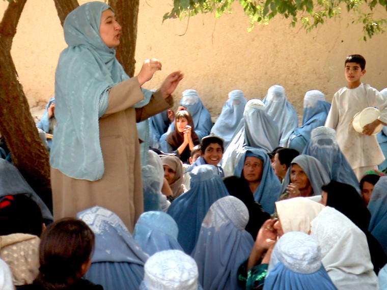 Massouda Jalal, Afghanistan's only female candidate for president, speaking at a campaign event outside a bakery in Kabul.