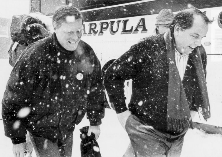 Democratic presidential candidate Richard Gephardt with advisor Bob Shrum in Laconia, New Hampshire, after opening the World Dog Sled Championship in 1988.