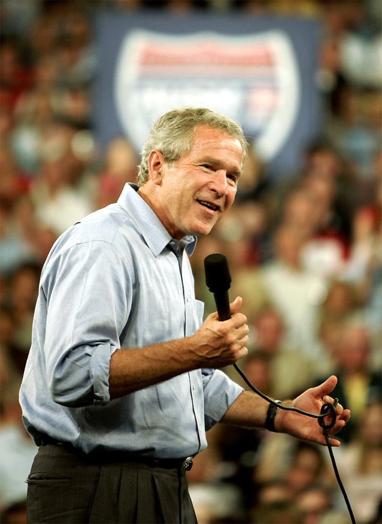 U.S. President George W. Bush speaks at an event titled \"Ask President Bush\" in Portsmouth, Ohio
