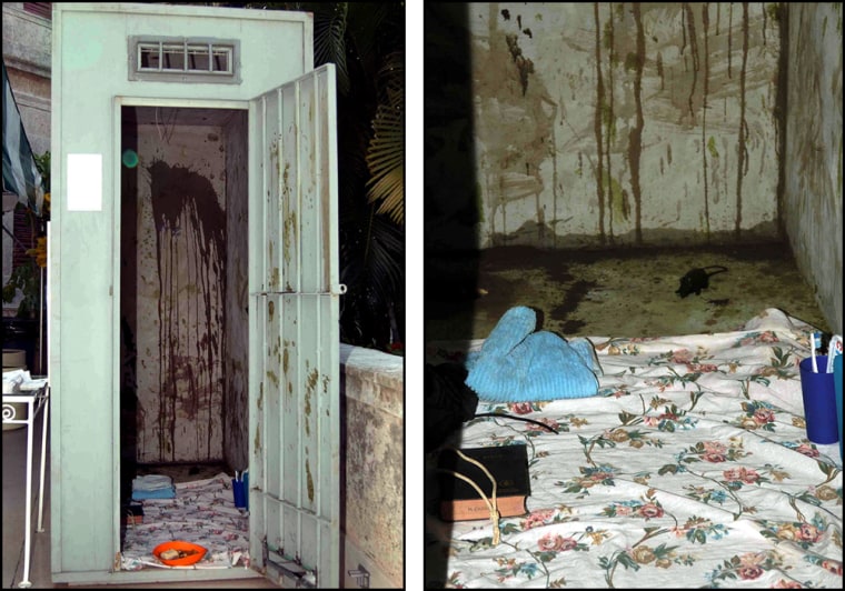 Combo of two pictures of replica of solitary confinement prison cell