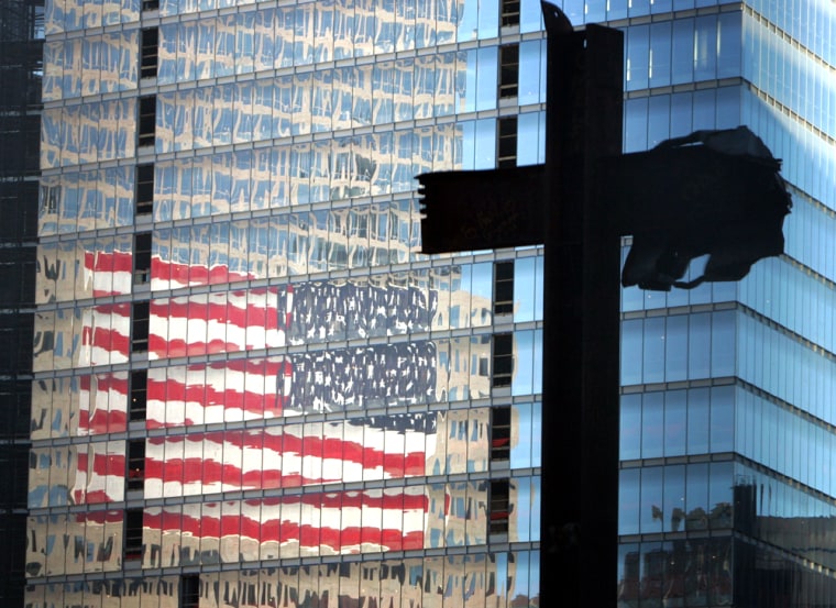 Girders in the shape of a cross preserved from the wreckage of the World Trade Center stand in New York