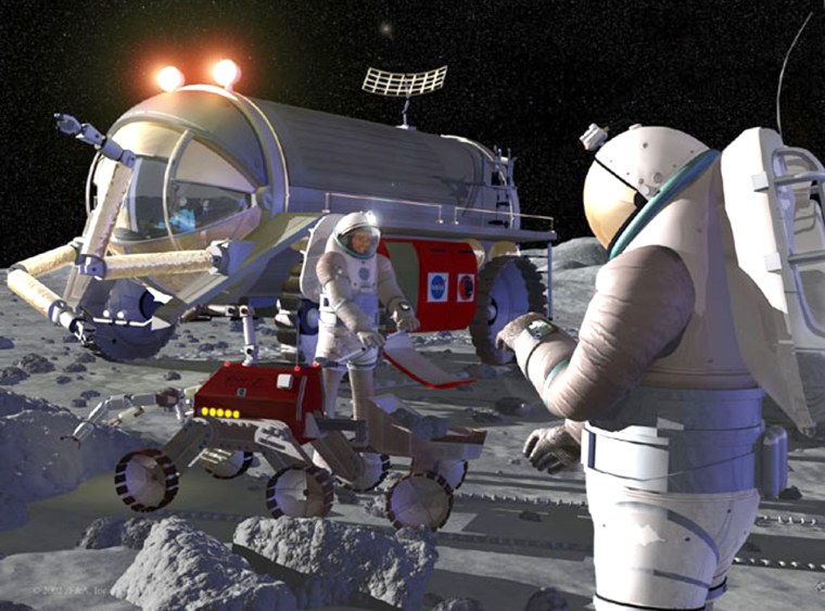 In this artist's conception, robotic vehicles and human explorers work together to build up a presence on the moon. Some scientists believe a lunar library would be the best place to save backup copies of Earth's genetic blueprints.
