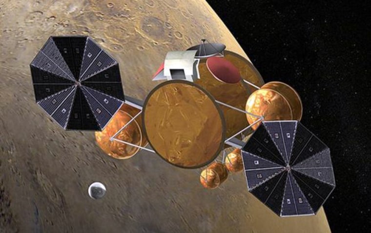 In this artist's conception, a probe containing samples of Martian rock and soil rises toward a rendezvous with the return vehicle in orbit.