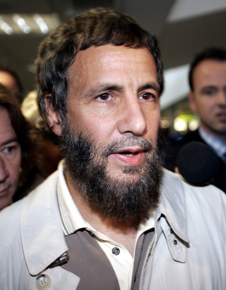 Yusuf Islam, formerly known as the rock star Cat Stevens, arrives at London's Heathrow airport on Thursday after being refused entry to the United States.