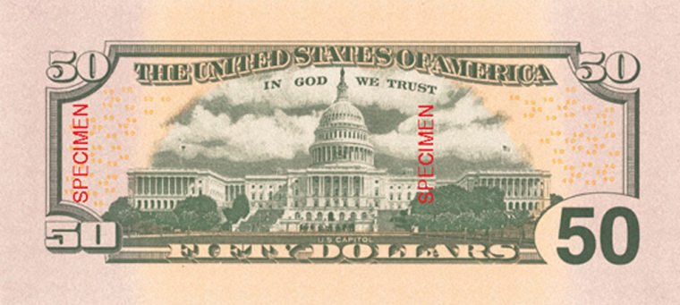 New $50 Note Available Beginning September 28...The newly redesigned Series 2004 $50 notes, featuring subtle background colors of blue and red, images of a waving American flag and a small metallic silver-blue star, will be issued beginning on September 28, the U.S. government announced today. On the day of issue, the Federal Reserve Banks will begin distributing the new notes to the public through commercial banks. Credit: Bureau of Printing and Engraving