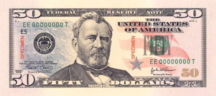 The newly redesigned Series 2004 $50 notes, features subtle background colors, images of a waving American flag and a small metallic silver-blue star.