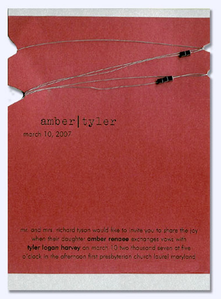 This invitation stands out with silver metal beads and wire wrapped around glistening red and silver papers. Shown here using VTU lettering for names at top, FUL for invitation copy with names in FUM so they appear bolder. All lettering is shown using black ink, which is the only ink available for this paper. Prices include blank silver card, printed red card, uncut wire on a roll, square beads and blank double white envelopes.